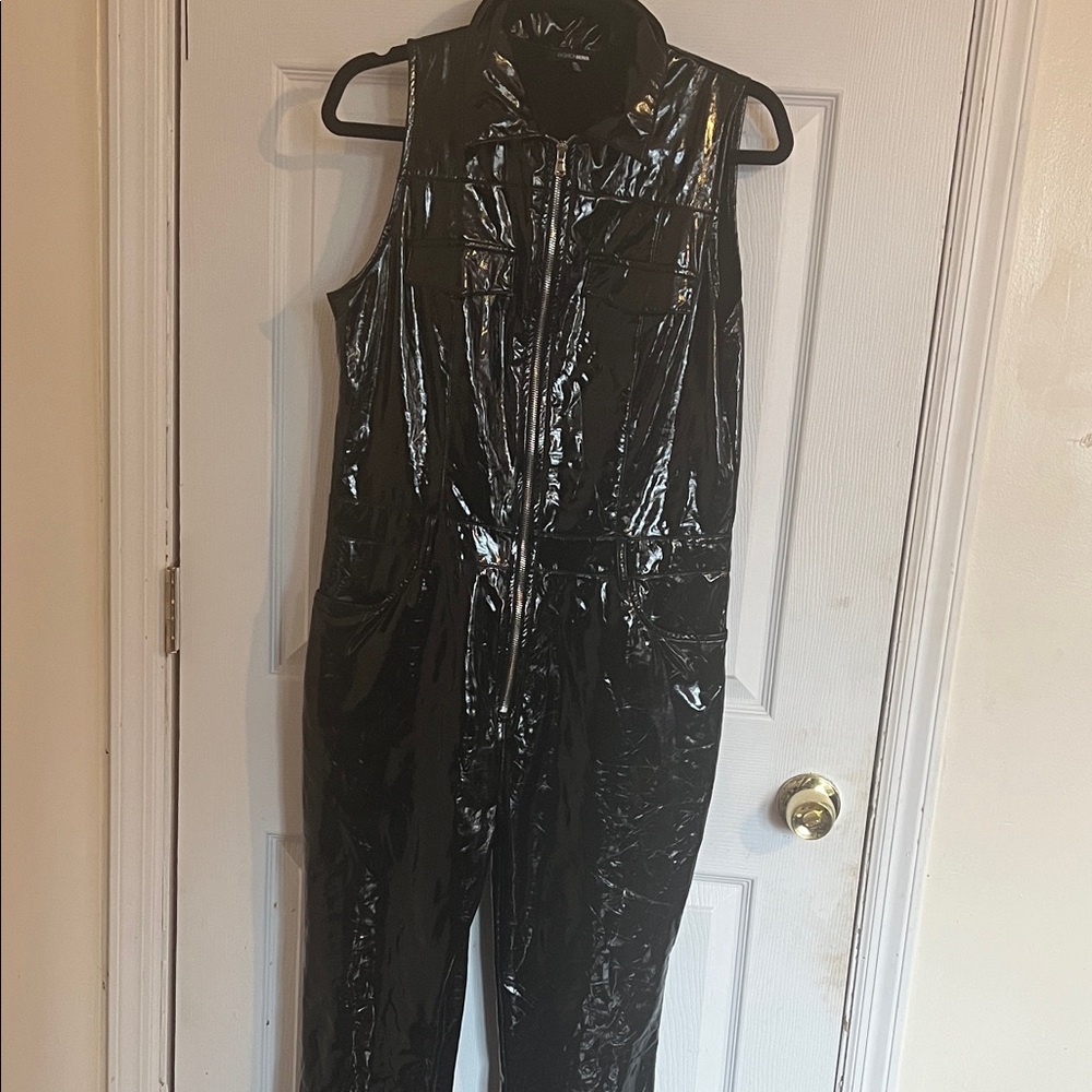 Fashion Nova Shiny Latex Black Sleeveless Jumpsuit